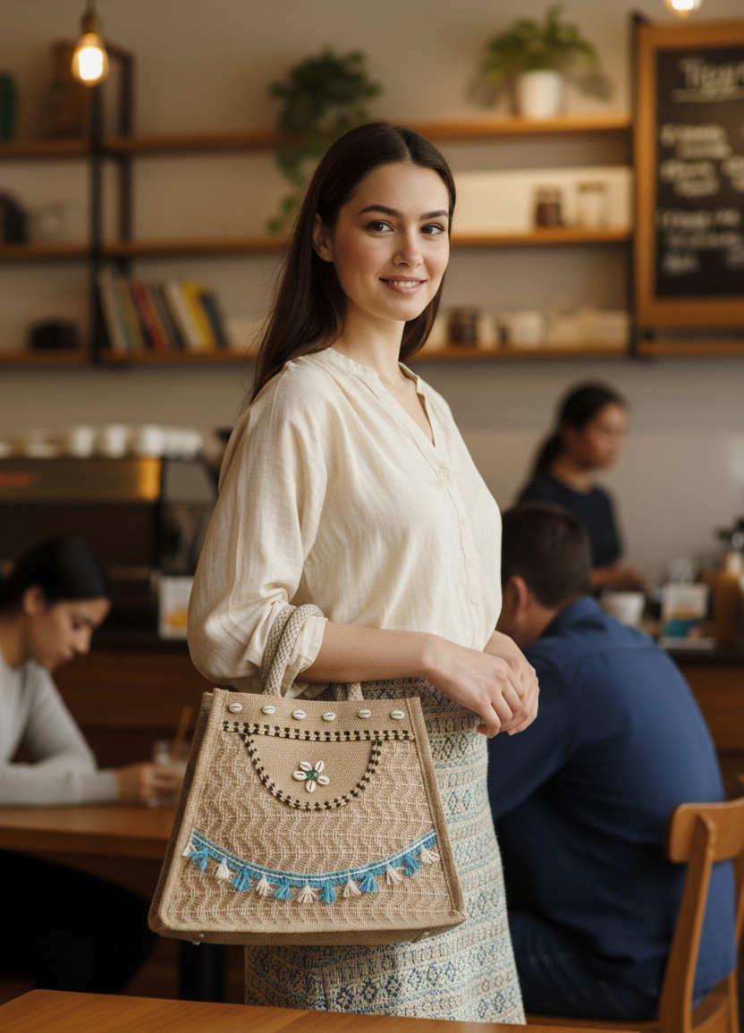 Boho Jute Handbag Cowrie Shell Fringe Tassel Eco Friendly Beach Summer Tote Bag