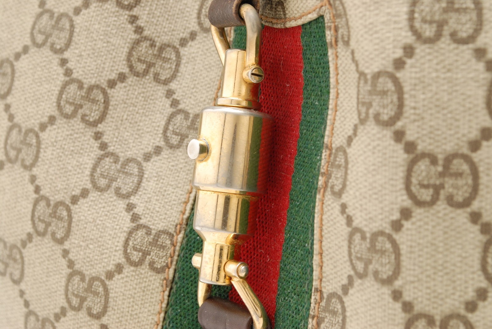 Gucci GG Canvas Web Stripe Shoulder Bag Beige Brown Leather Italy Vintage