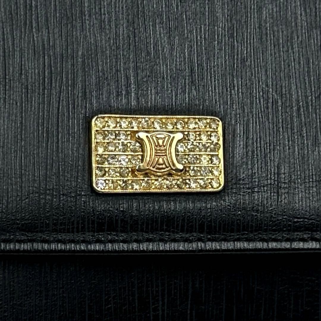 CELINE Triomphe Vintage Leather Chain Shoulder Bag Crystal Rhinestone Black