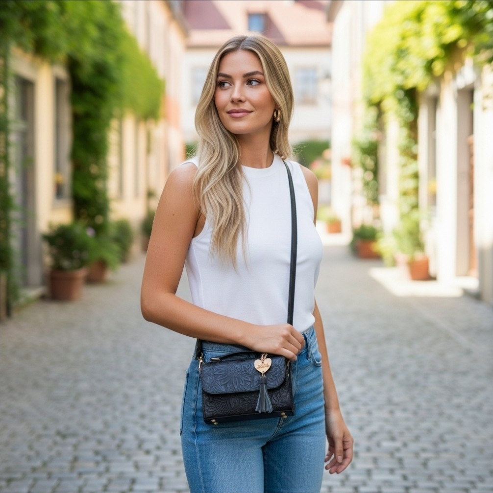 Black Sunflowers Embossed Tooled Artisan Leather Crossbody Handbag Purse