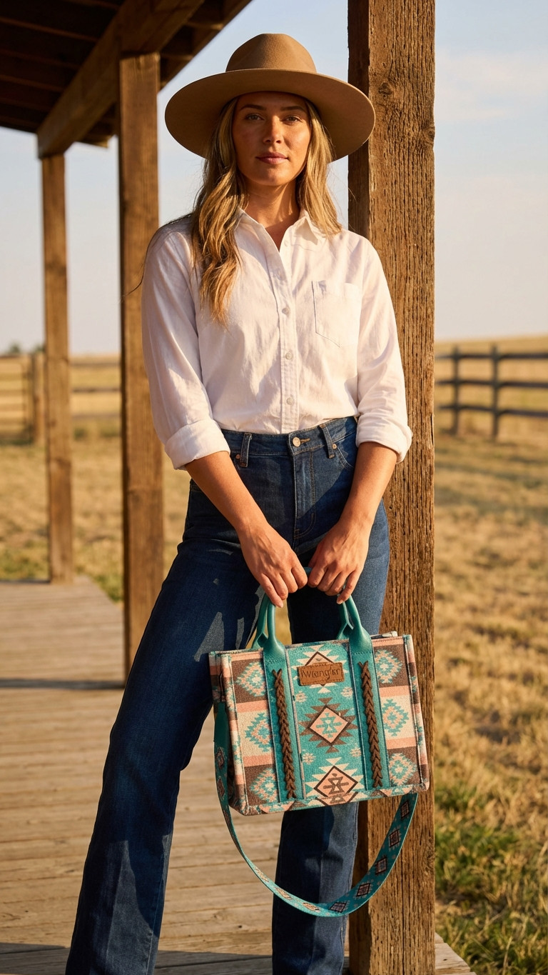 Wrangler Southwestern Aztec Print Canvas Tote Crossbody Bag Turquoise