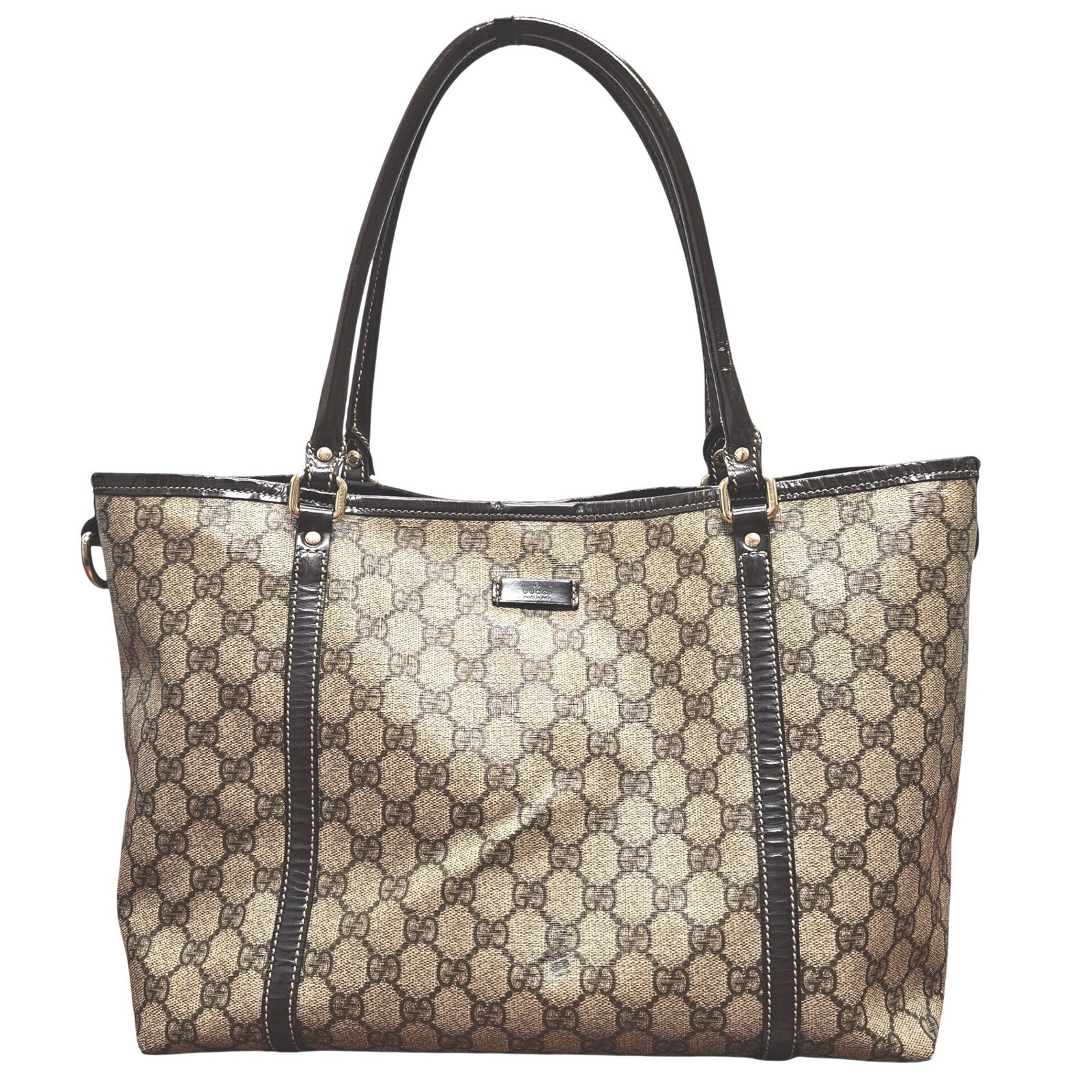 Gucci Joy GG Supreme Canvas Tote Glossy Leather Trim Shoulder Bag 197953 Italy