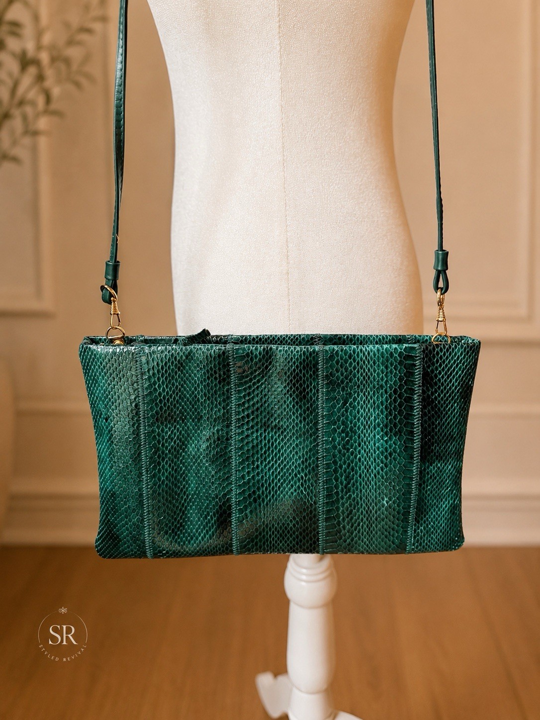VTG Green Snakeskin Convertible Clutch Crossbody Bag Genuine Exotic Leather