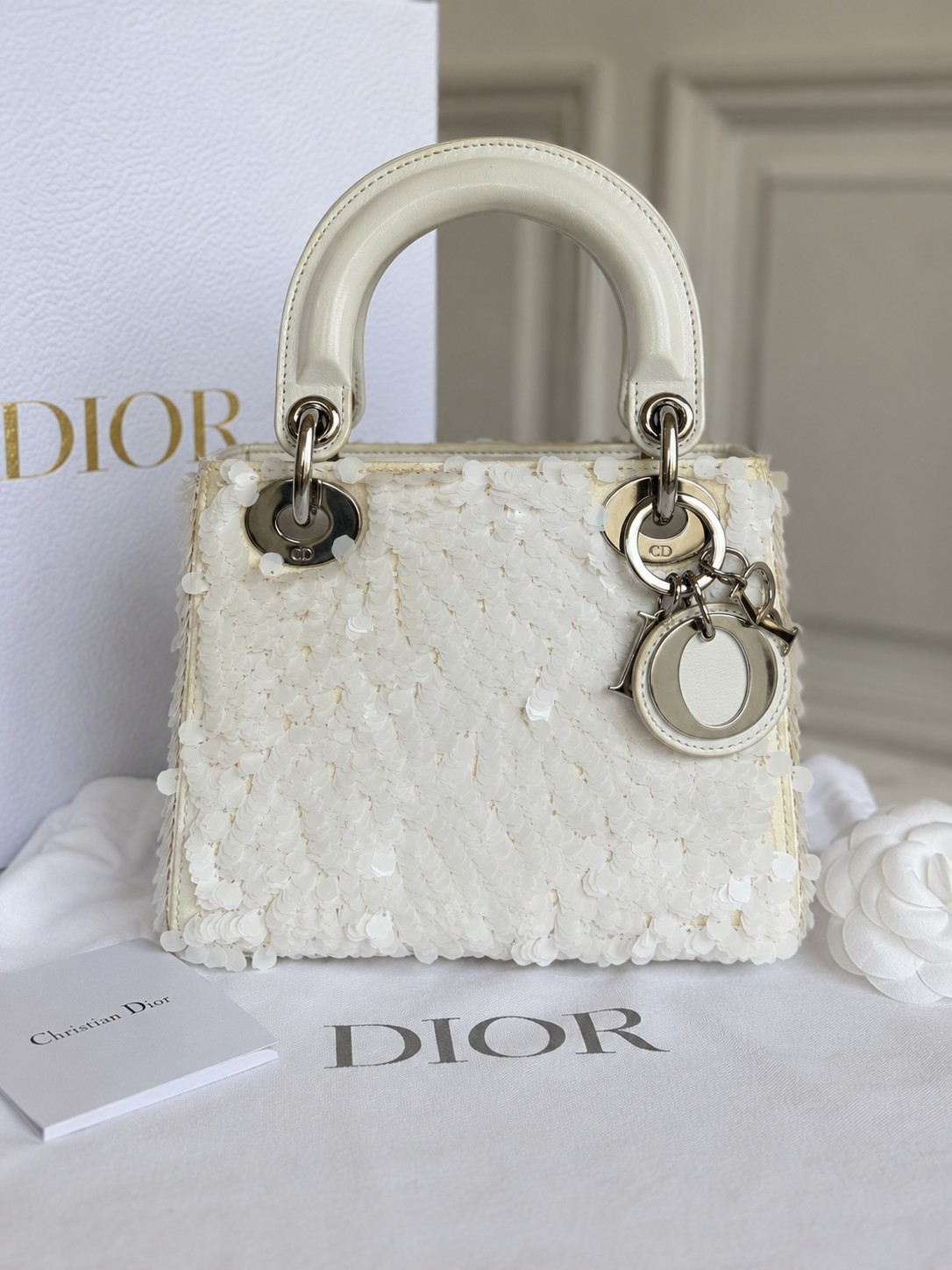 Dior Mini Lady Dior Sequin / Paillette Embellished White Bag, Silver Hardware