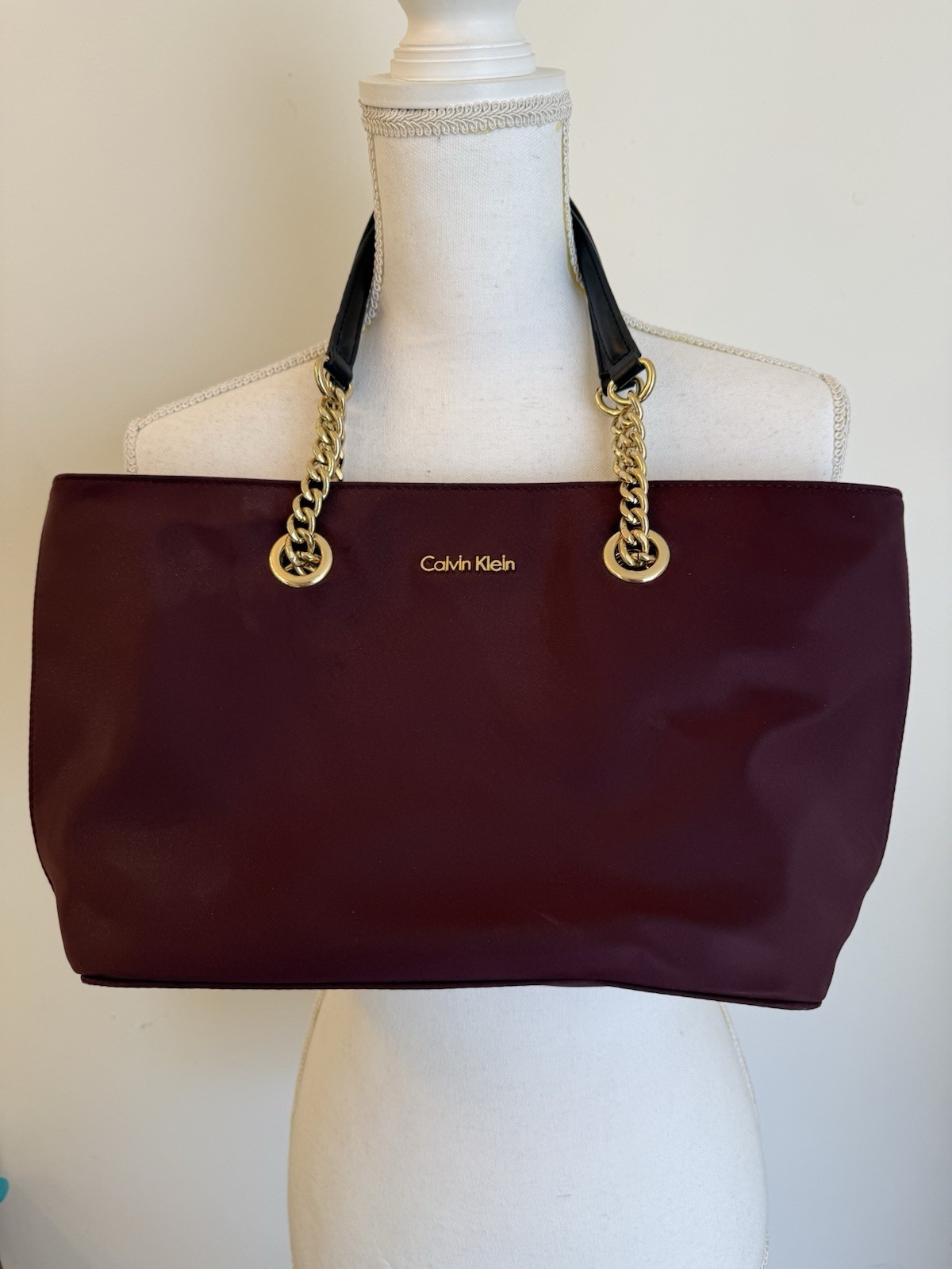 Calvin Klein Aubergine Medium Tote Shoulder Bag Gold Chain Black Straps