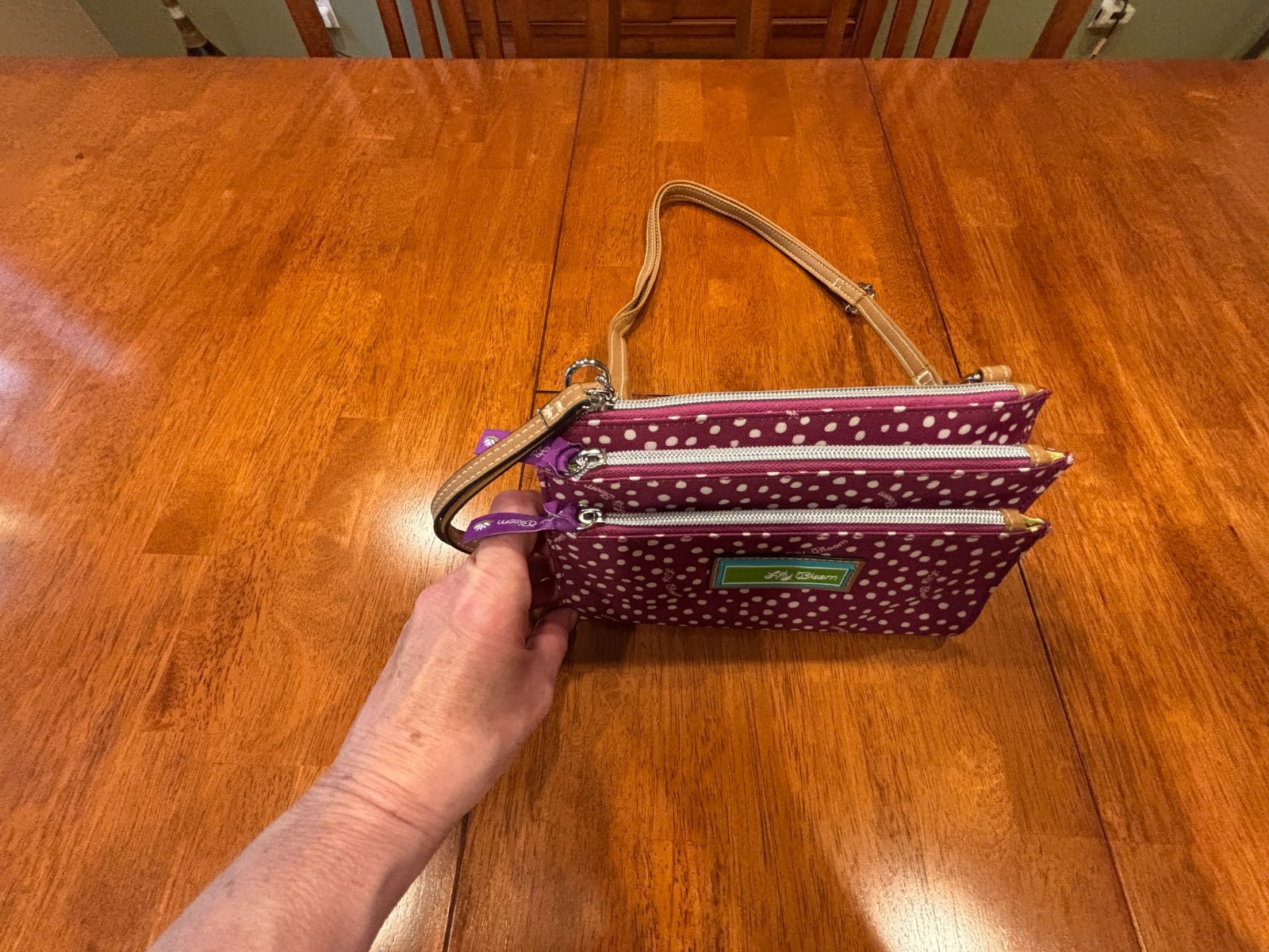 Lily Bloom Magenta Polka Dot Crossbody Purse w/ Wristlet Strap 5.75″ x 8.25″