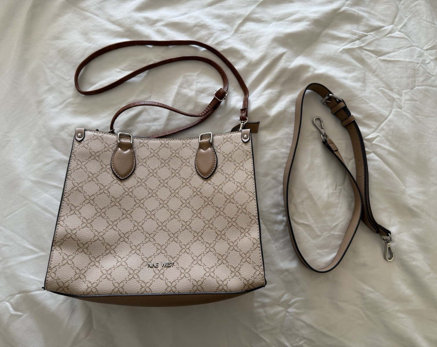 Nine West Monogram Satchel Top Handle, Detachable Adjustable Strap, Beige