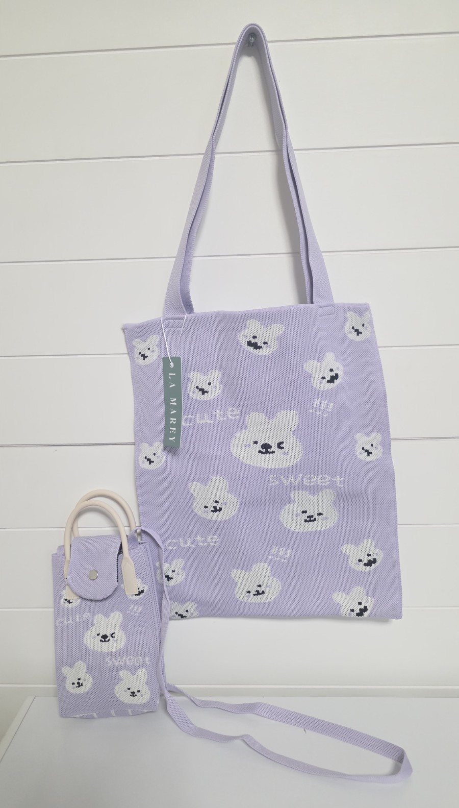 LA MAREY Cute Purple/White Bunny Animal Print Shoulder Tote Bag and Pouch
