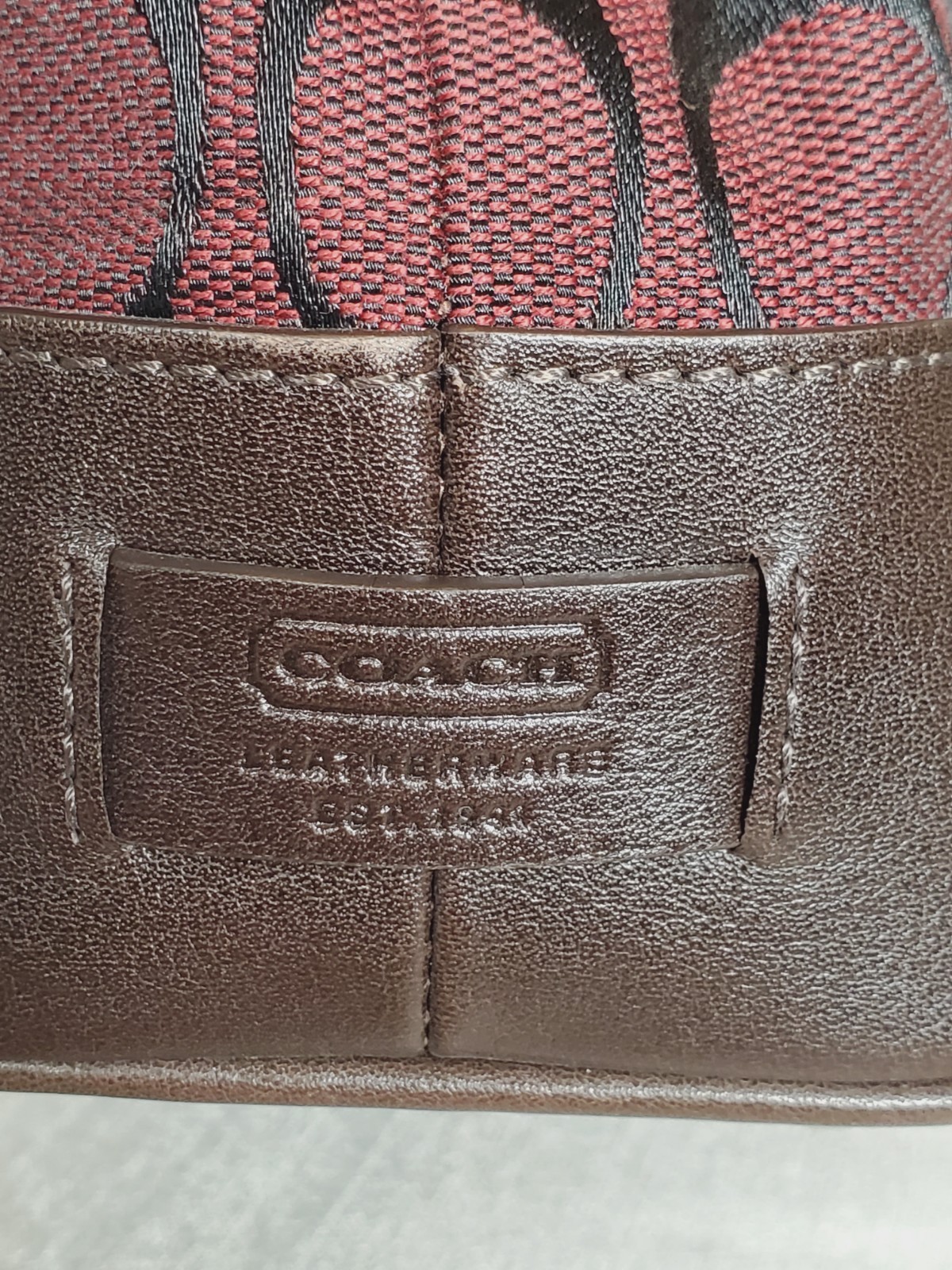 COACH 6089 Signature C Monogram Handbag Tote Red Jacquard Canvas Brown Leather