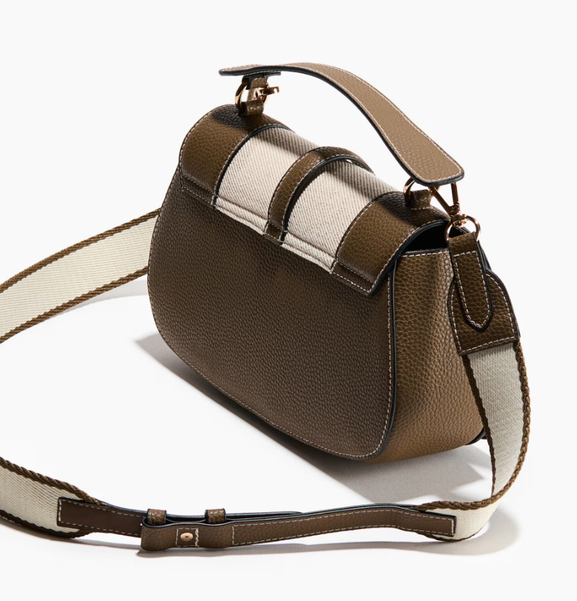 H&M Crossbody Bag Carabiner Hooks Flap | Khaki Green/Light Beige – Linen Details