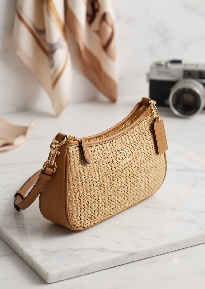 Best Offer COACH CR350 Teri Shoulder Bag Crossbody Straw Leather Latte Outlet
