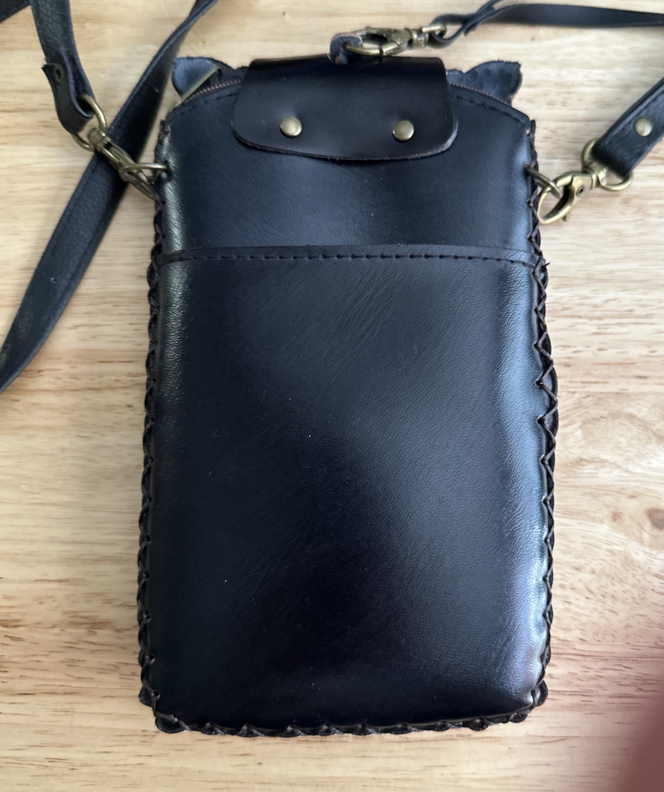 Vintage Hand Tooled Leather Black Cat Crossbody Purse Whimsical 3D Bag gothic
