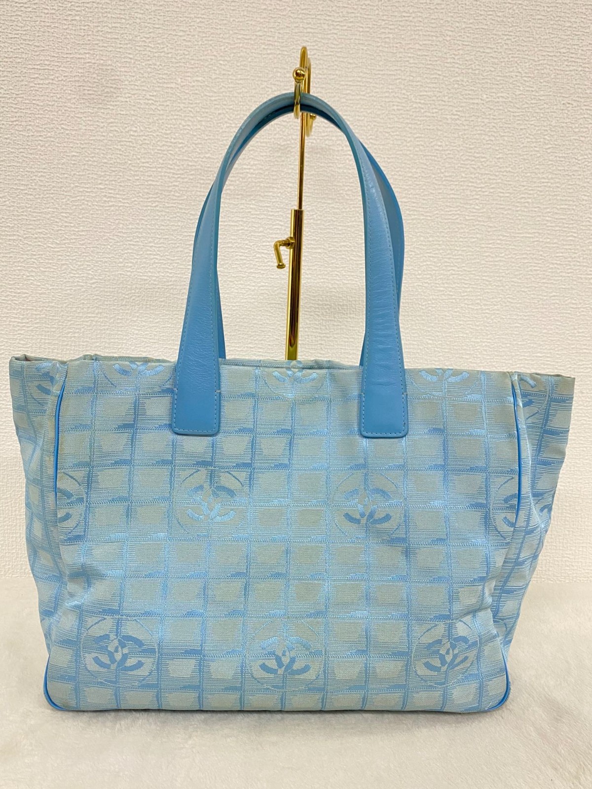 Authentic CHANEL New Travel Line Tote Bag MM Light Blue Nylon Canvas