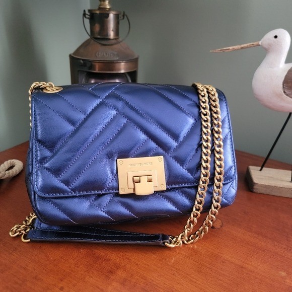 Michael Kors Peyton Blue Metallic Quilted Leather Chain Crossbody Bag