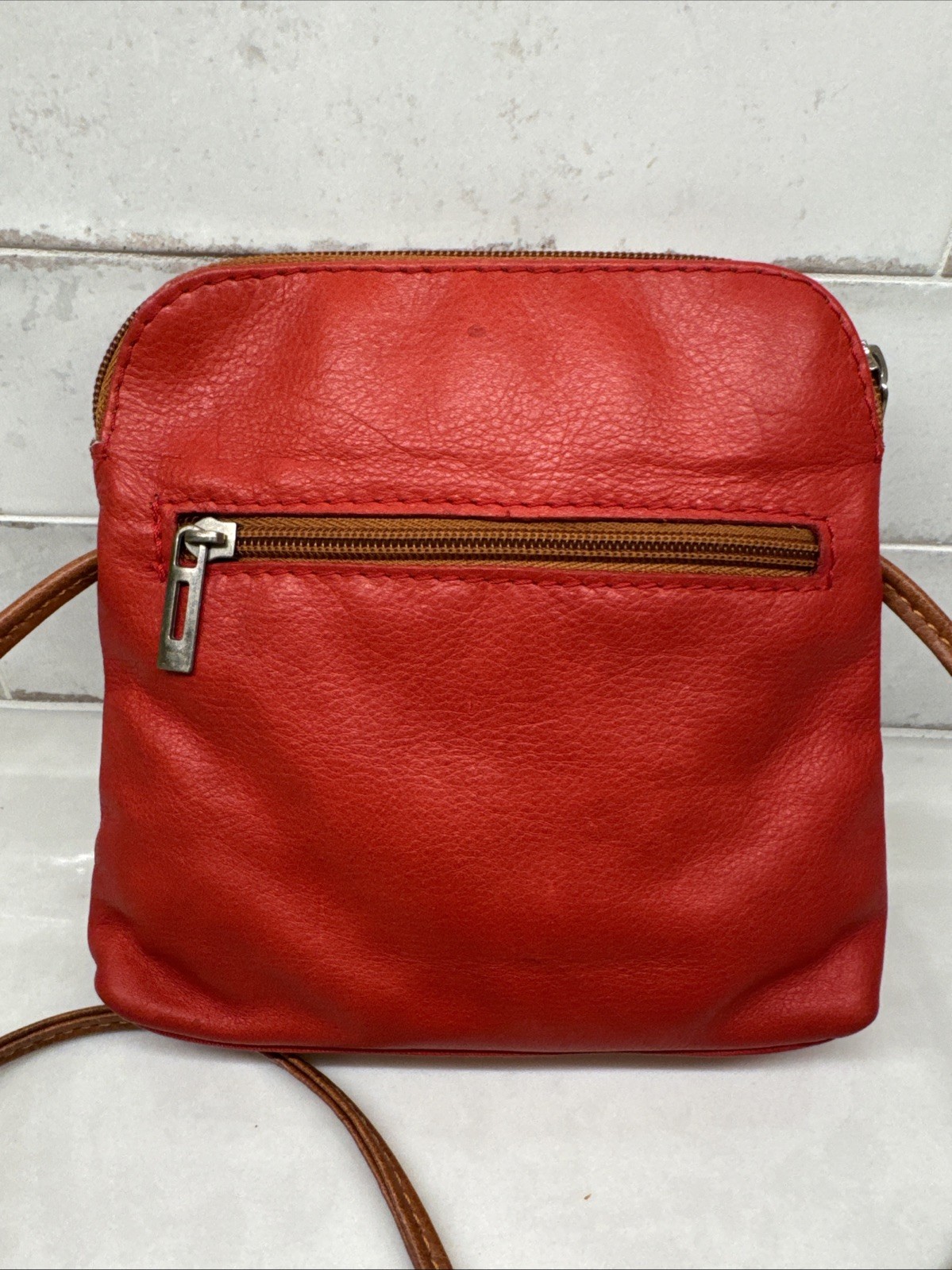 Small Red Leather Crossbody Purse With Brown Trim