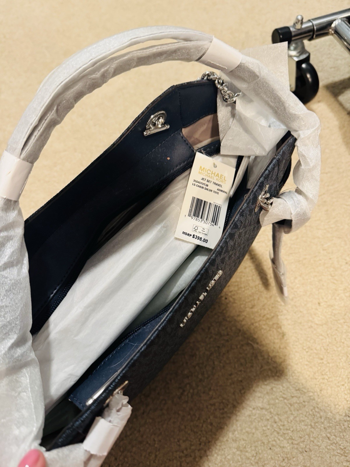 Michael Kors Jet Set Travel Large Navy Logo Tote Chain Detail Zip Detach Strap