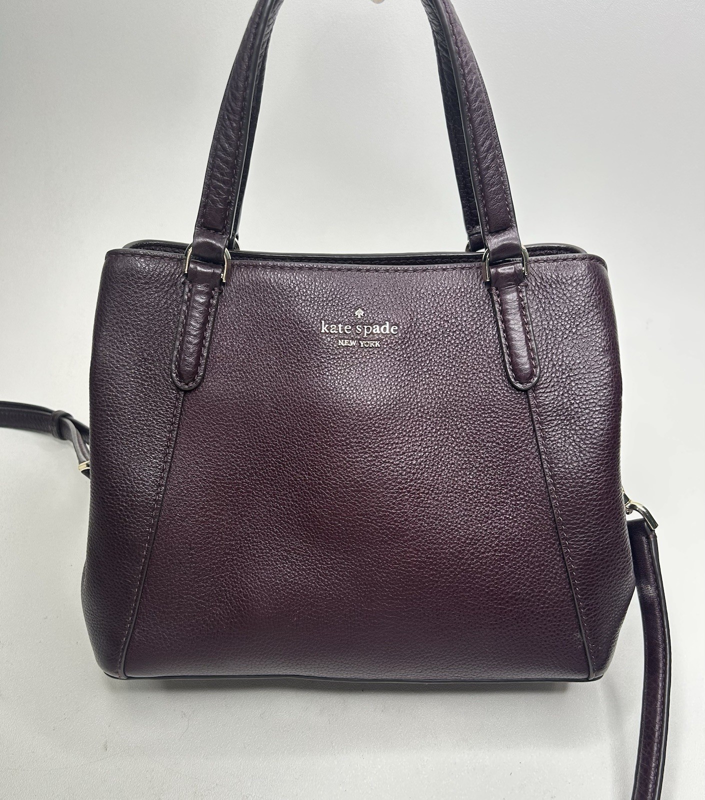 KATE SPADE Jackson Satchel Bag Triple Cmpt. Medium Tote Pebbled Leather Wine