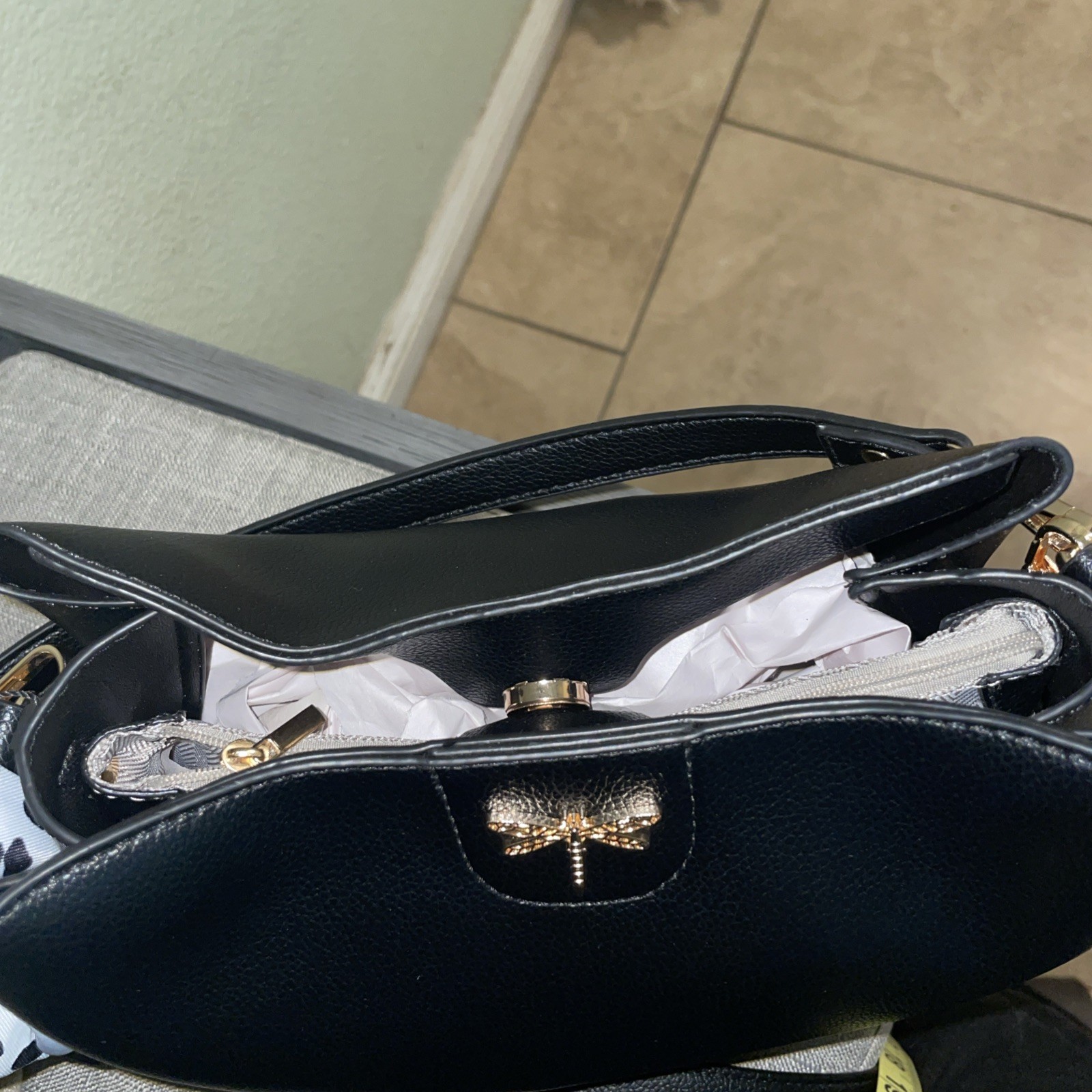 Calista Black Vegan Leather Satchel With Ribbon And Gold Dragonfly Accent NWT