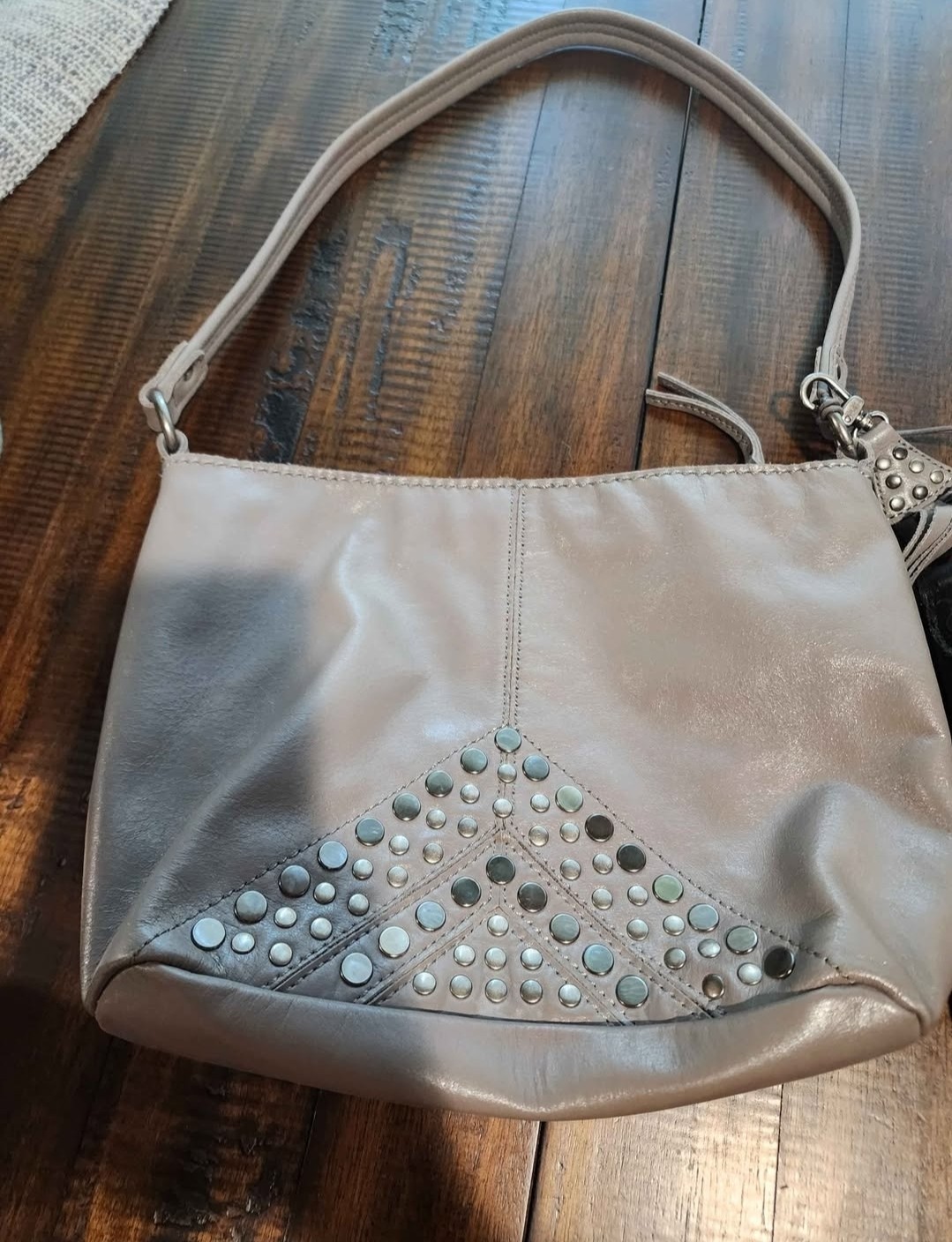 The Sak Indio Gray Leather Studded Tassel Shoulder Bag Hobo Zip Top Medium