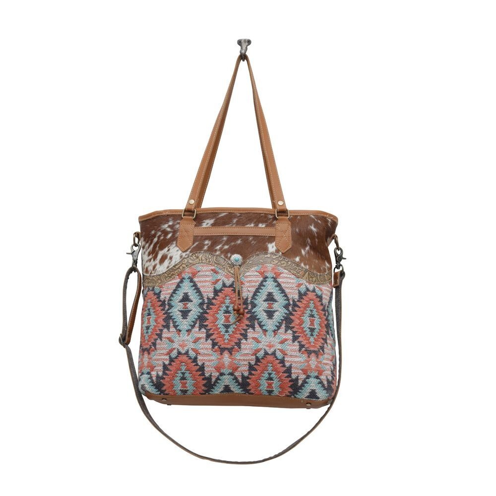 Myra Martinique Tote Bag with Aztec Print Embroidery Rug with Hairon Trim
