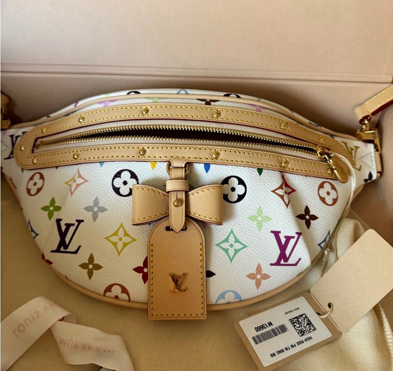 Louis Vuitton Murakami White Multicolor Monogram Belt Bag Zip w Strap Box