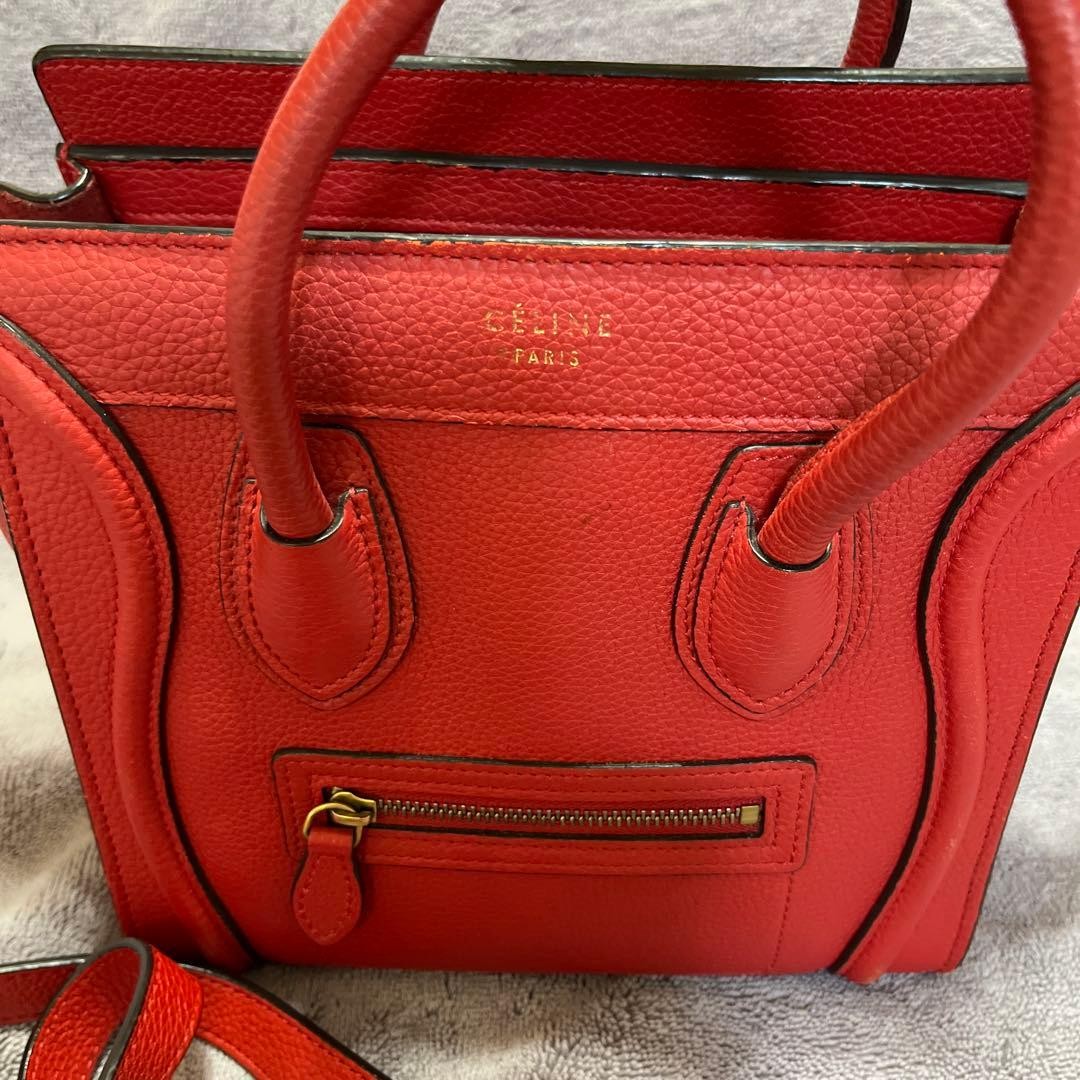 CELINE Luggage Nano Shopper Handbag Red Grained Calfskin Leather 2WAY Women’s
