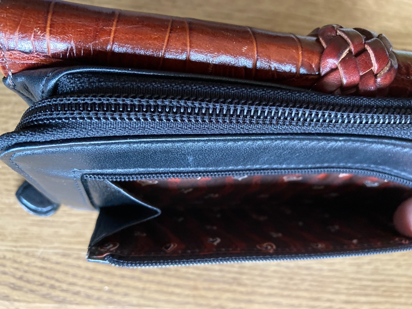 Brighton Black Brown Embossed Leather Flap Snap Zip Crossbody Clutch Organizer