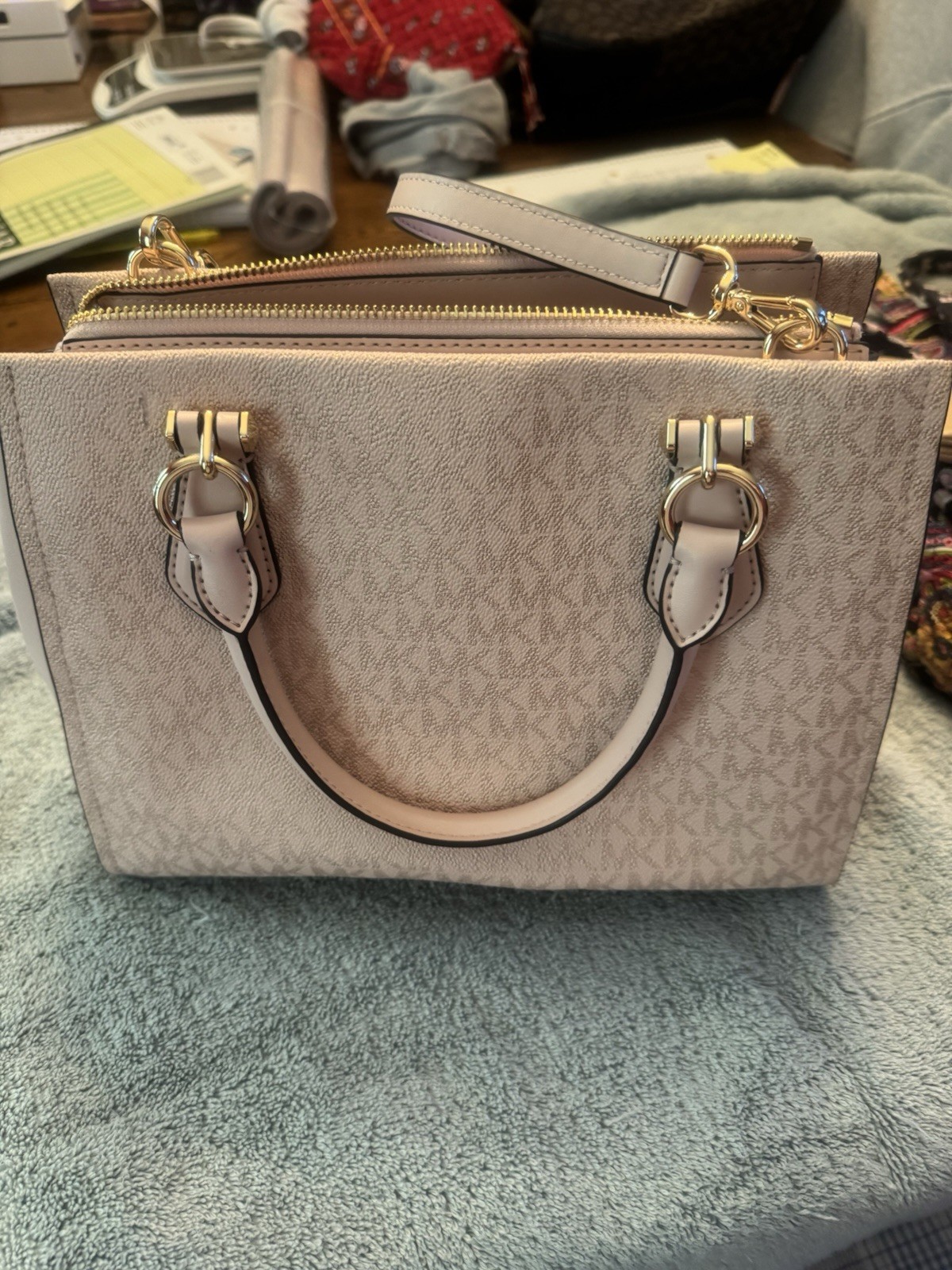 Michael Kors Logo Satchel Pink Top Handle Zip w/ Detachable Strap Gold Hardware