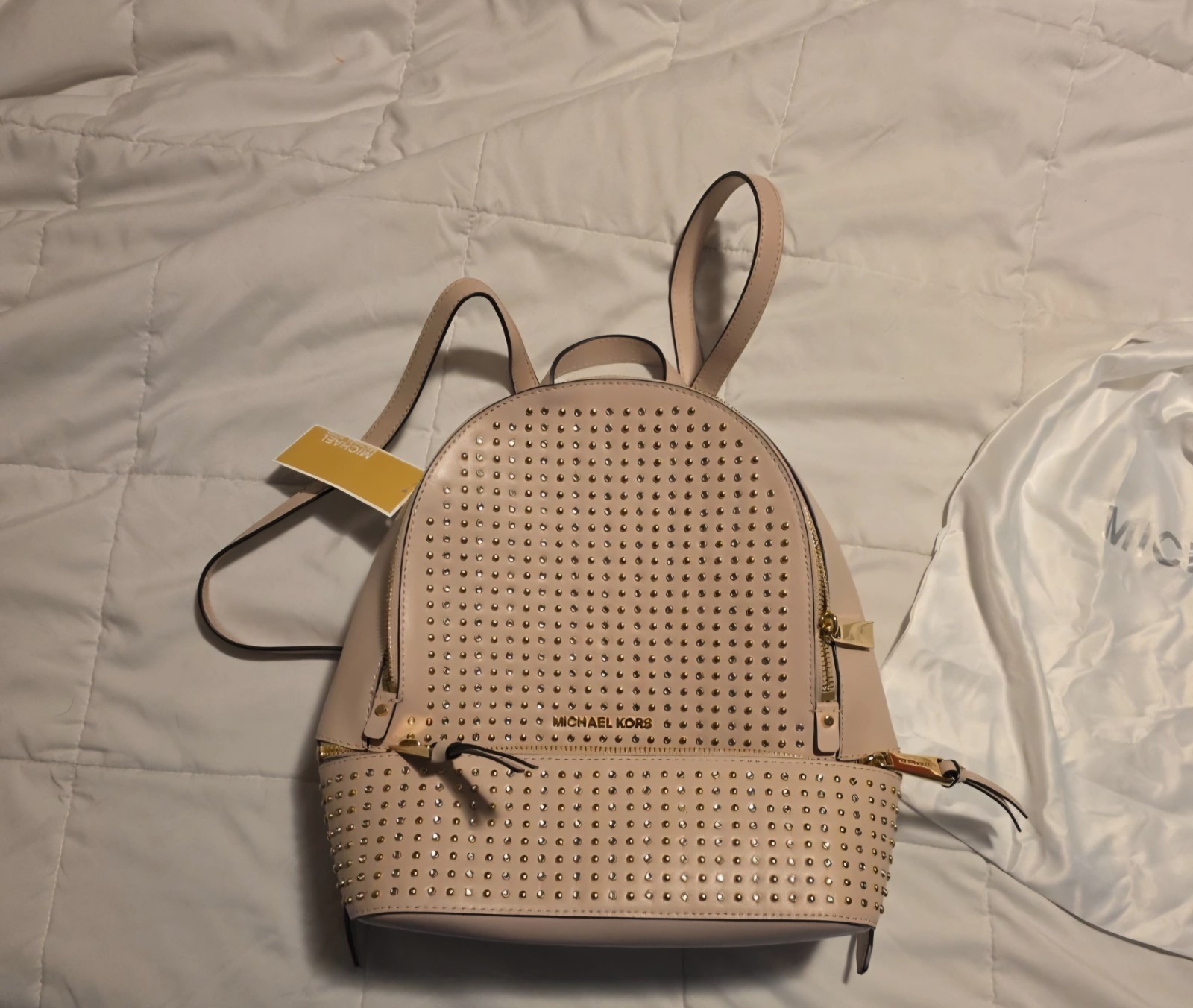 Michael Kors Pink Studded Zip Medium Backpack Purse Gold Hardware Lined