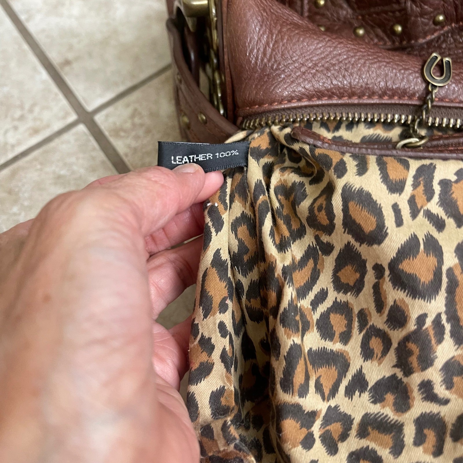 Betsey Johnson Brown Pebbled Leather Studded Shoulder Bag Brass Hardware Vintage