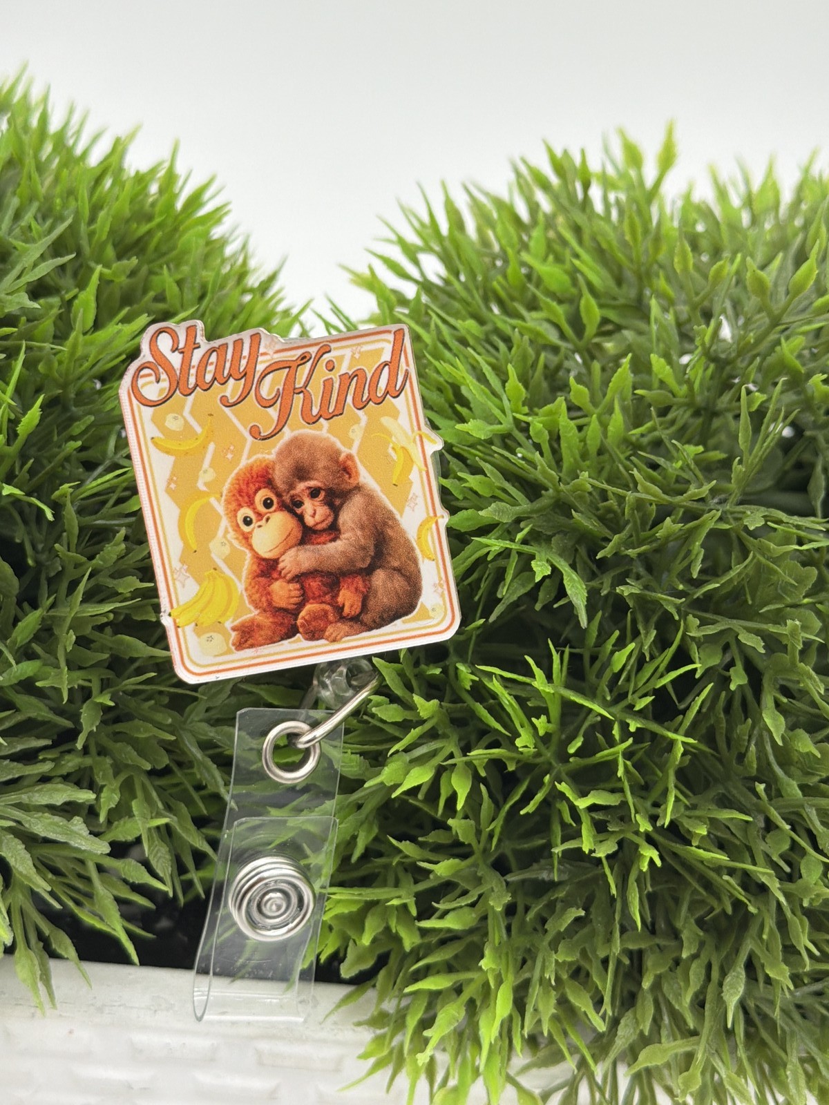 Stay Kind Monkey Badge Reel Retractable ID Holder Cute Primate Nurse Teacher