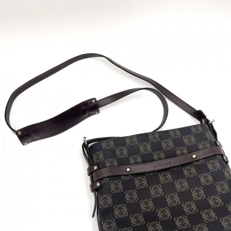 LOEWE Anagram Monogram PVC Leather Shoulder Bag Black Brown Auth