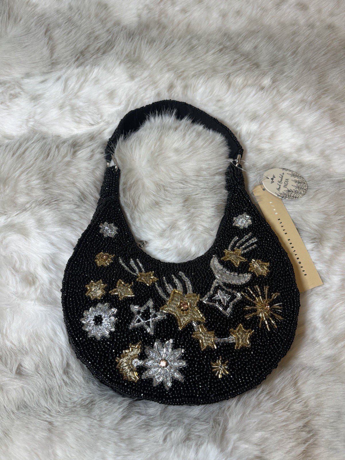 Studio 12 Beaded Celestial Crescent Women’s Shoulder Bag Black Gold Silver