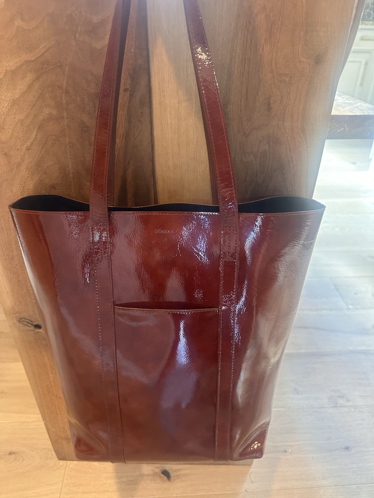 Sezane Brown Patent Finish Large Tote Shoulder Bag w/ Inner Pockets