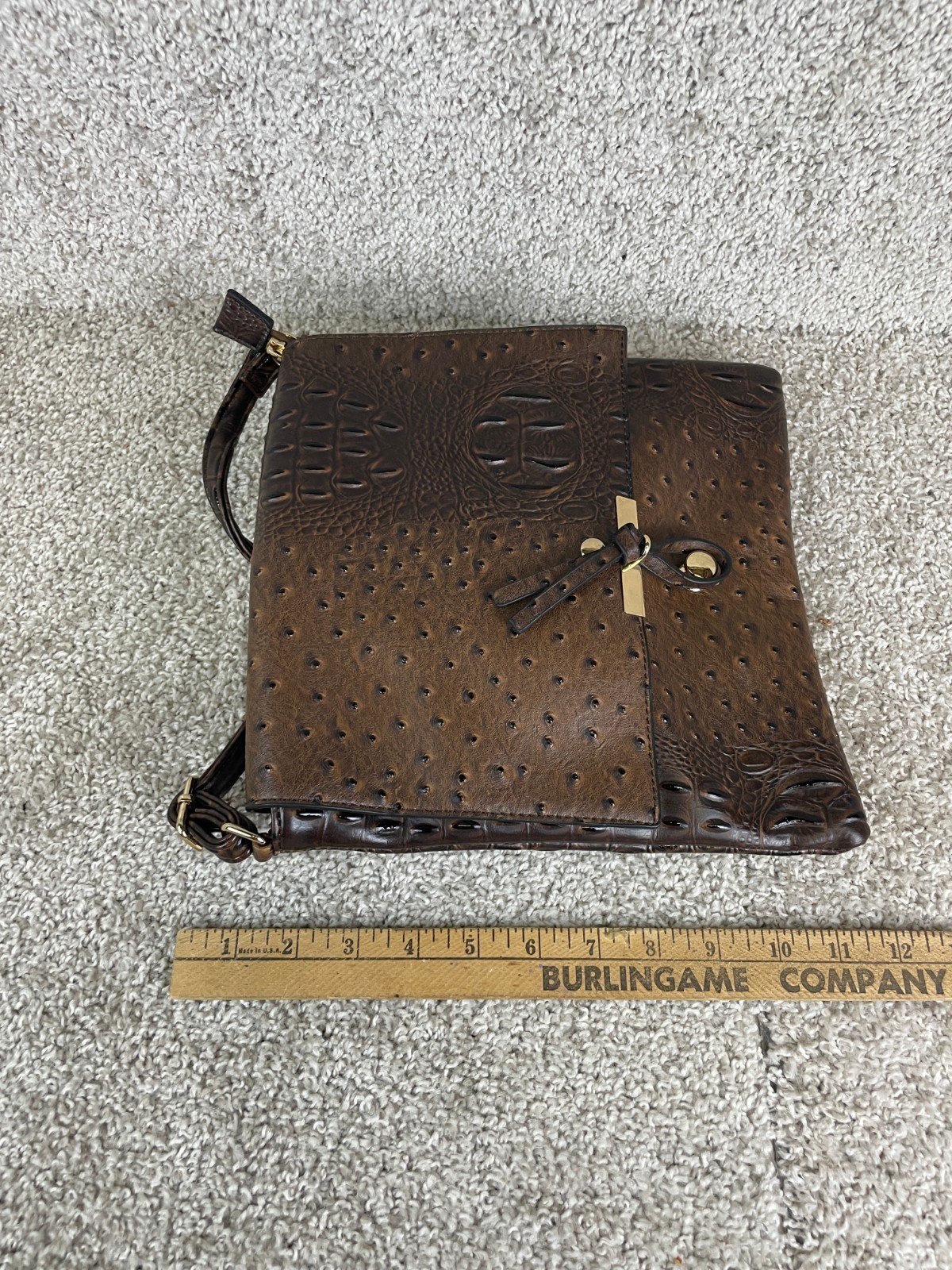 Jordache Crossbody Bag Purse Embossed Faux Leather Ostrich Strap Brown