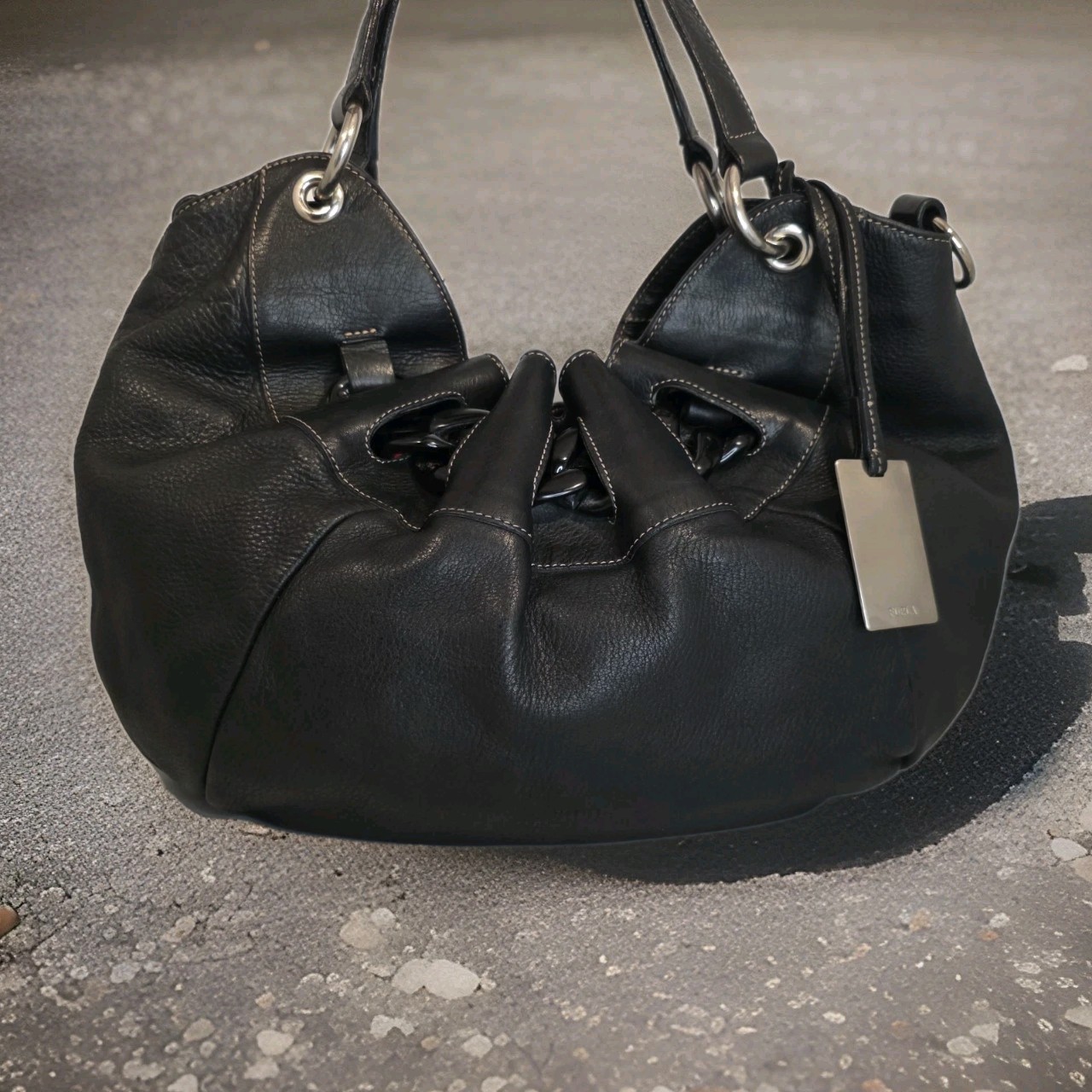 Furla Black Pebbled Leather Ruched Hobo Shoulder Bag Made in Italy Chain Accent