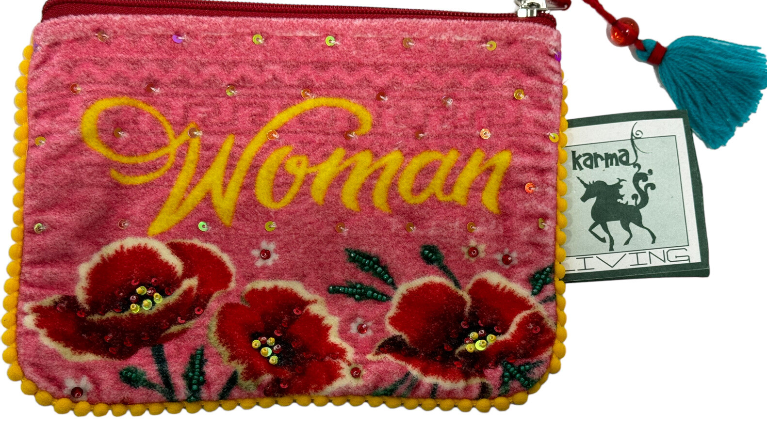 Karma Living Beaded Sequined Cotton Frida Kahlo Coin Purse, Pouch 8″ X 6″ NWT
