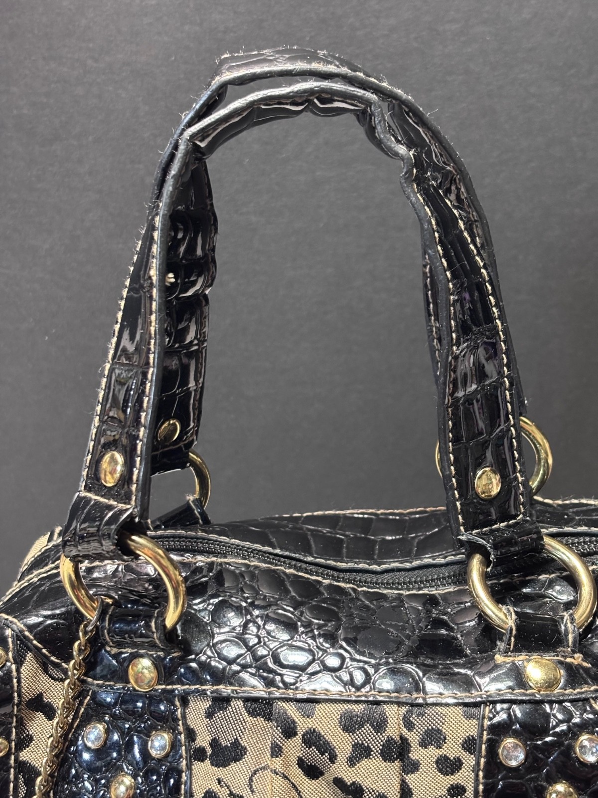 Authentic Baby Phat Feline Leopard Print Satchel Bag Y2K Cat Charm Purse