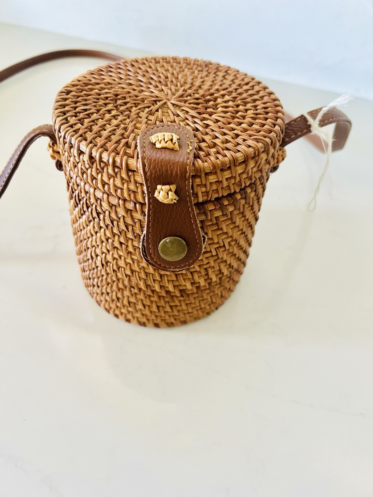 Womens Small Brown Woven Cylinder Crossbody Bag Snap, Detachable Strap, Lined