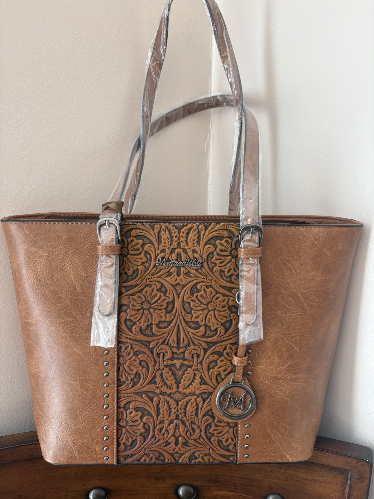 Montana West Brown Embossed Floral Tote Bag Zip, Studded, Inner Pockets Western