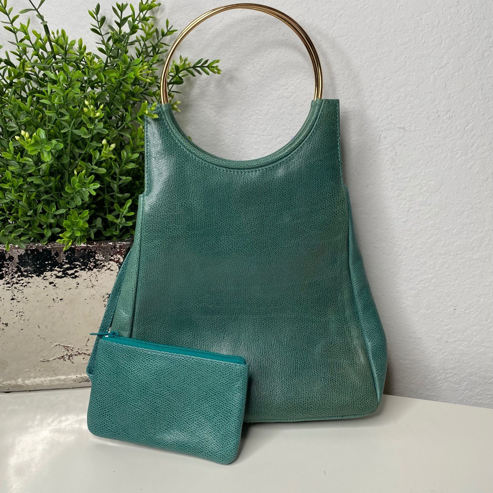 VTG Susan Gail Teal Textured Leather Ring Handle Shoulder Bag & Matching Pouch