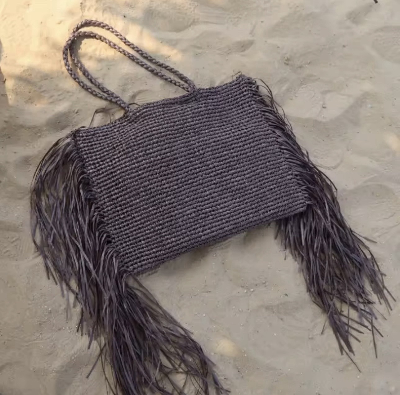 Beige Women’s Rectangle Tote Bag Double Handles Fringe Bohemian Casual