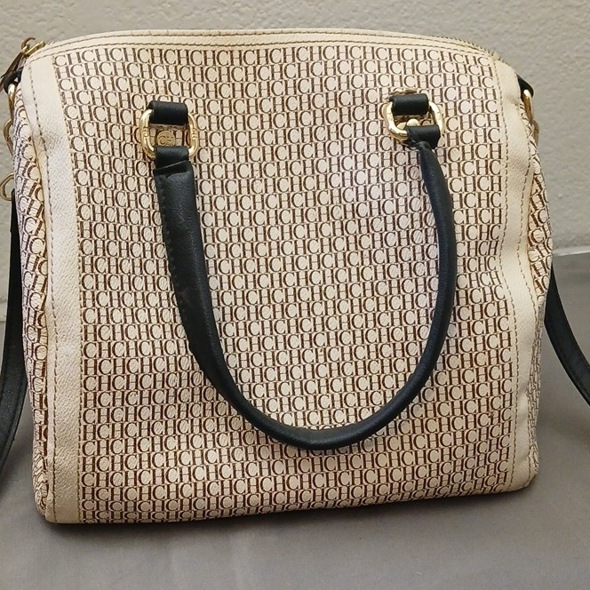 Carolina Herrera Monogram Satchel Top Handle Zip Beige Brown w/ Strap Gold