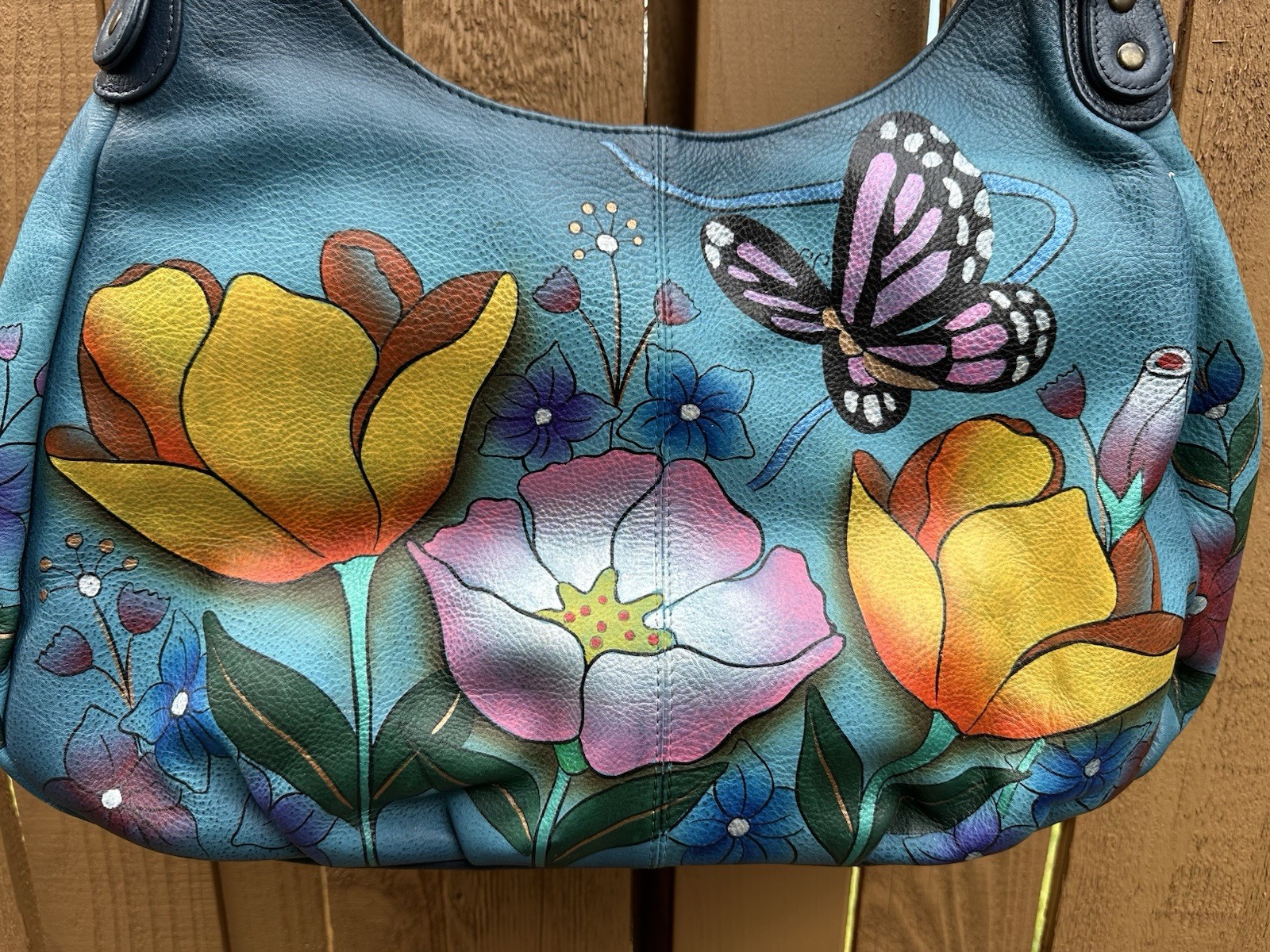 Anuschka Large Hobo Shoulder Bag – Handpainted Butterfly and Flowers