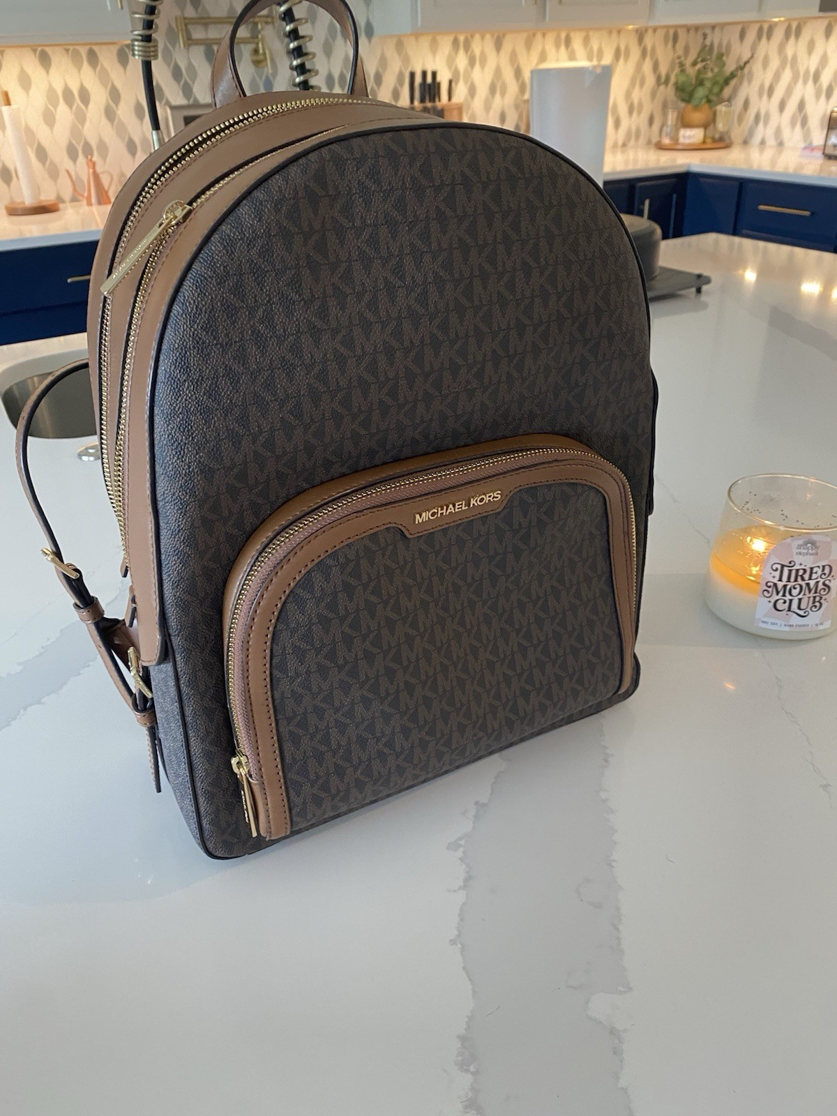 Michael Kors Brown Logo Backpack Gold Hardware Zip Closure Medium
