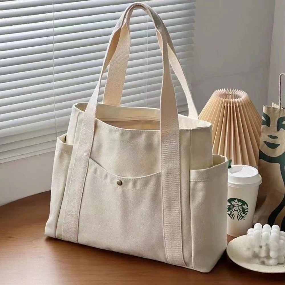 Large Canvas Tote Bag Women Shoulder Bag Multi Pocket Work College Shopping