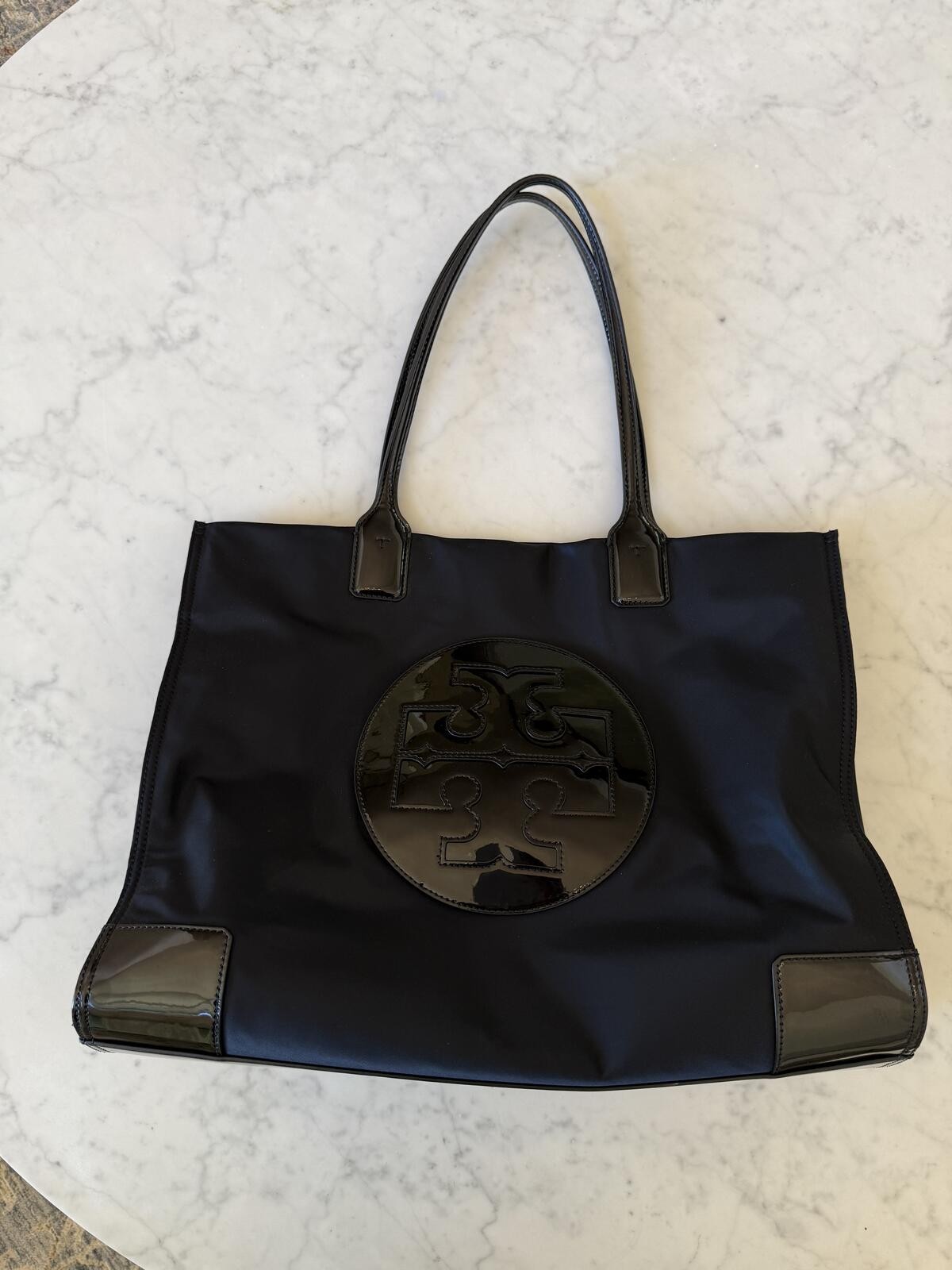 Tory Burch Ella Tote Black Nylon Patent Leather Oversized Logo Tote Bag