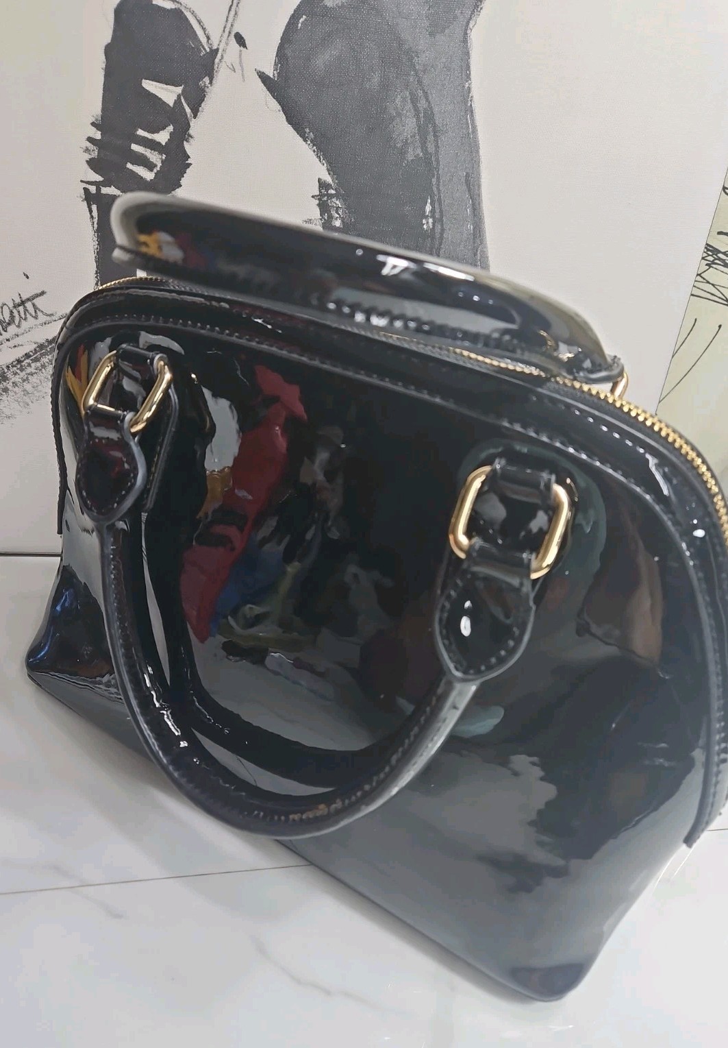 Bcbg Paris Sheen Black Satchel Top Double Handle Purse 12x8x5