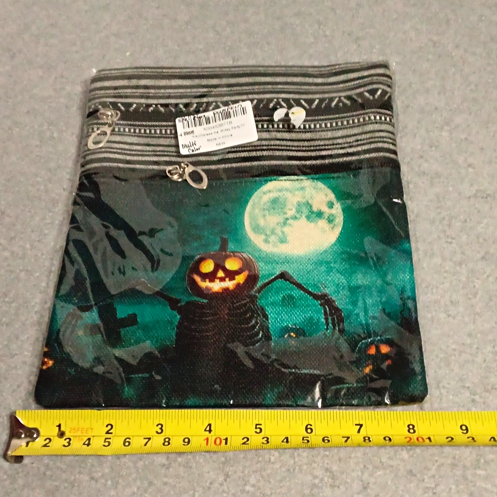 Halloween Pumpkin Skeleton Moon Zipper Crossbody Bag Green Black Gray