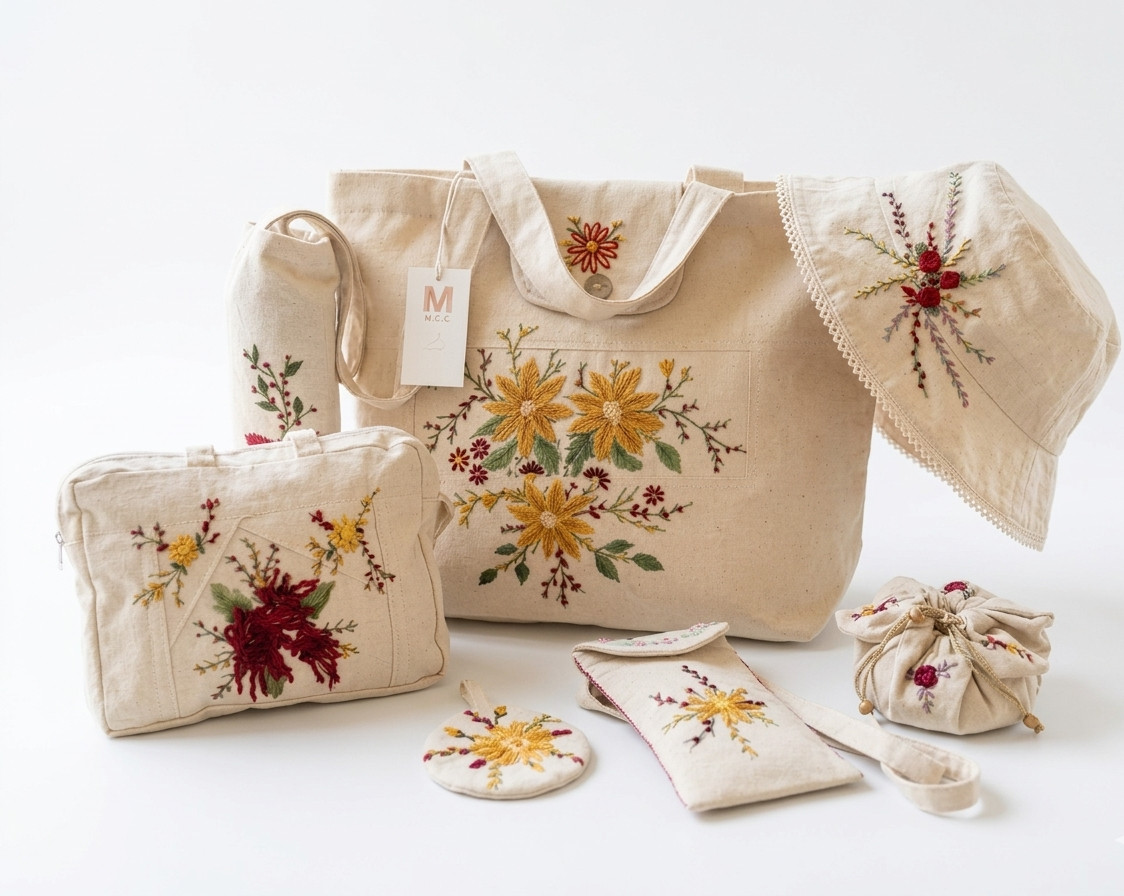 Premium Hand-Embroidered 6-Piece Travel & Essentials Bag Set – Sri Lankan Artist